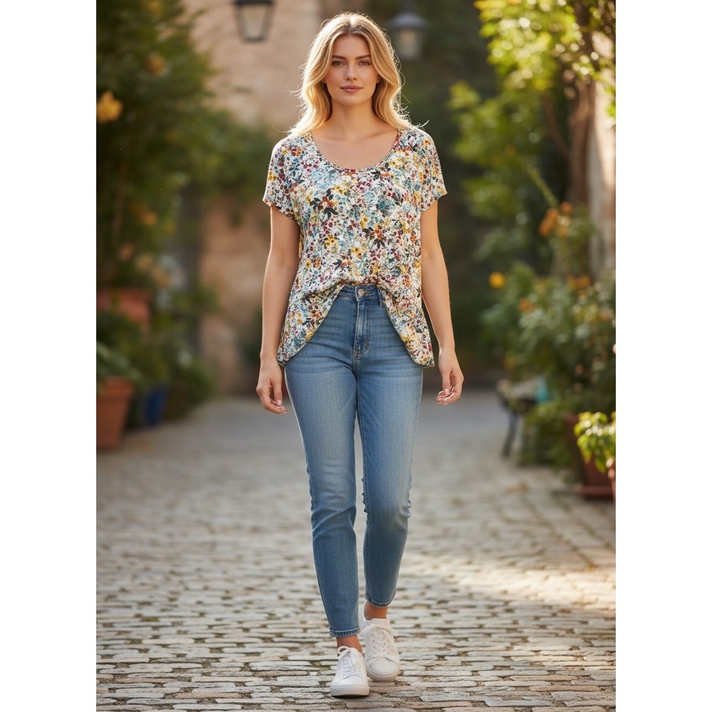 Ana A New Approach Floral Peplum‎ Blouse Short Sleeve Scoop Neck Petite XL Chic